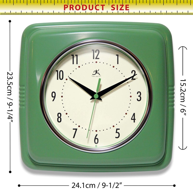 Infinity Instruments Square Silent Retro 9 inch Mid Century Modern Kitchen Diner Retro Wall Clock Quartz Sweep Movement (Green) - Image 4
